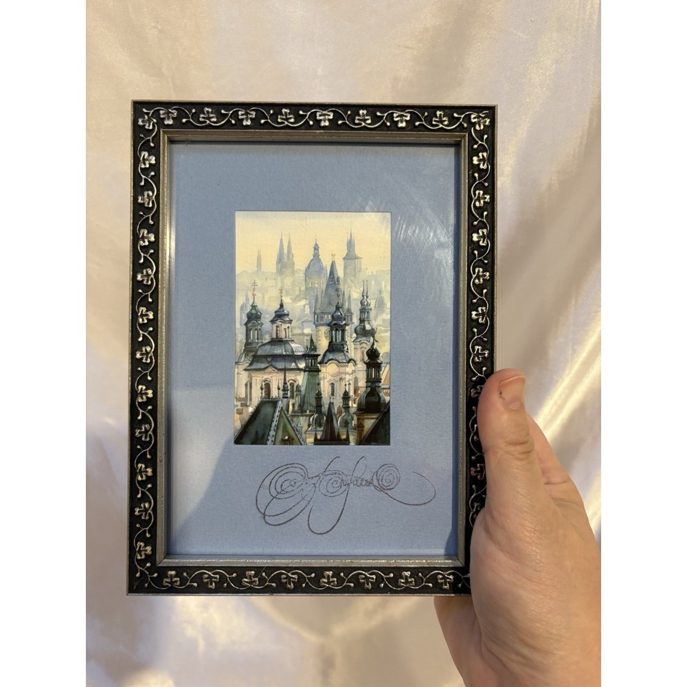 Charles Bridge Prague Czech Signed Watercolor Textured Paper Framed Gallery Wall